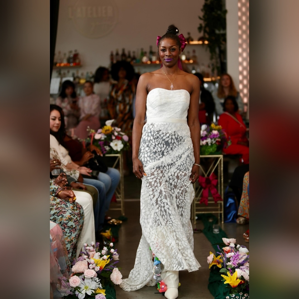 Upcycled White Sheer Floral Lace Strapless Full Length Dress